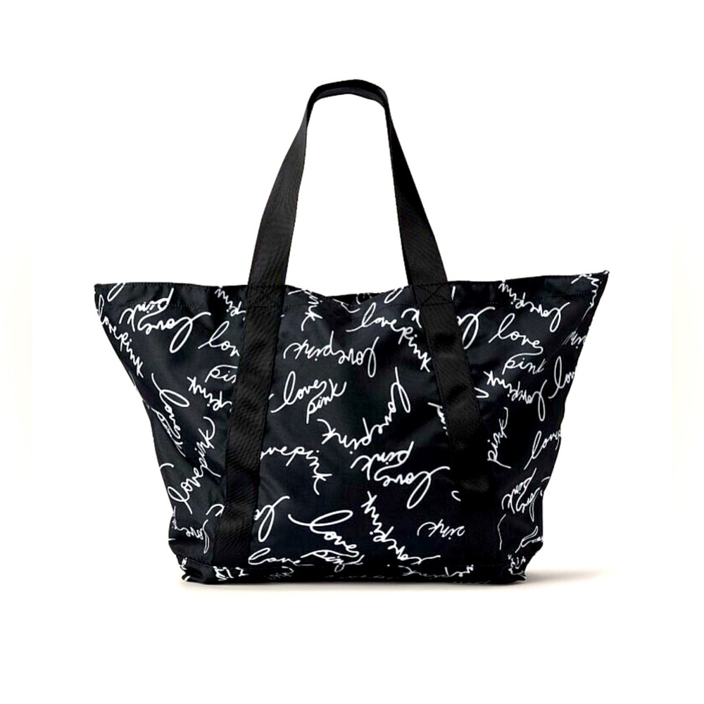 Victoria’s Secret PINK Black & White Script Logo Weekender Tote Bag NWOT